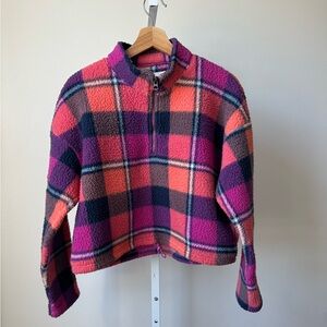 American Eagle Sherpa Teddy Shacket Plaid Cropped Quarter Zip Pullover Jacket
